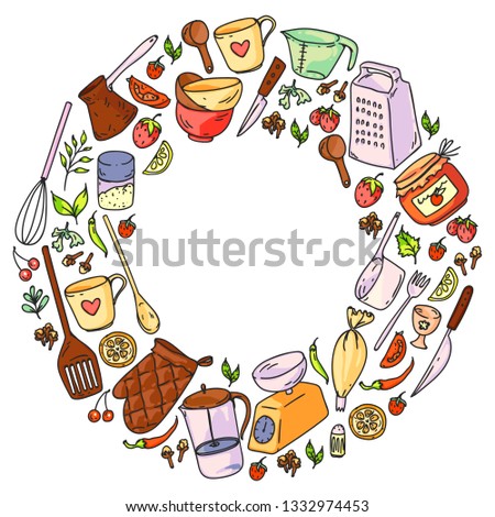 Cooking class. Kitchenware, utencils. Food and kitchen icons.