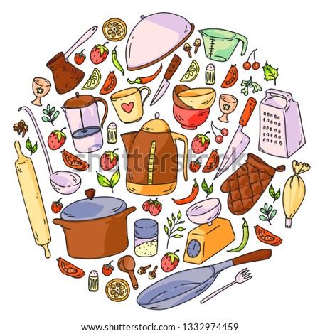Cooking class. Kitchenware, utencils. Food and kitchen icons.
