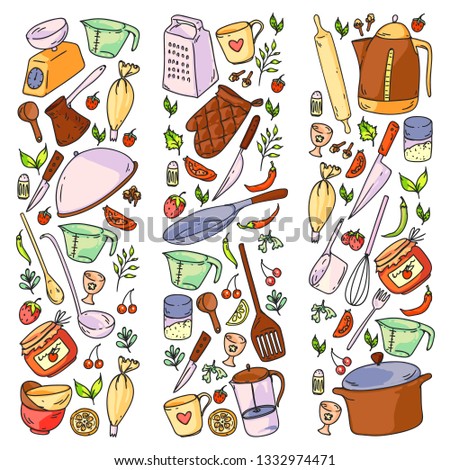Cooking class. Kitchenware, utencils. Food and kitchen icons.