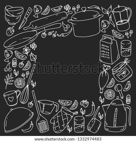 Cooking class. Kitchenware, utencils. Food and kitchen icons.