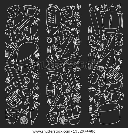 Cooking class. Kitchenware, utencils. Food and kitchen icons.