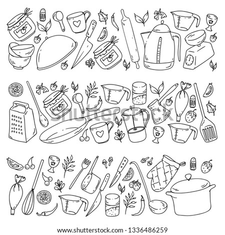 Cooking class. Kitchenware, utencils. Food and kitchen icons.