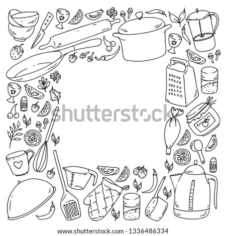 Cooking class. Kitchenware, utencils. Food and kitchen icons.
