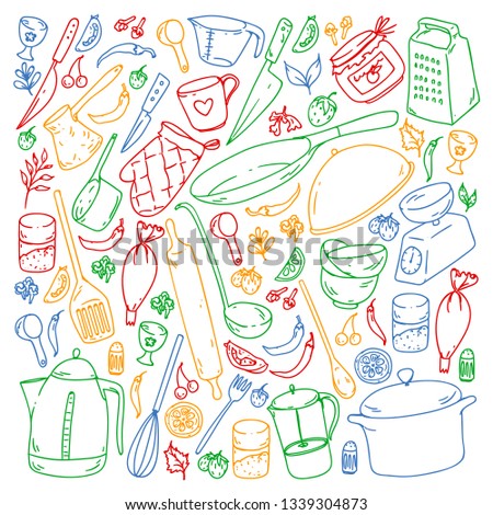 Cooking class. Kitchenware, utencils. Food and kitchen icons.
