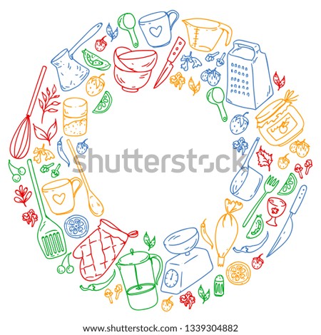 Cooking class. Kitchenware, utencils. Food and kitchen icons.