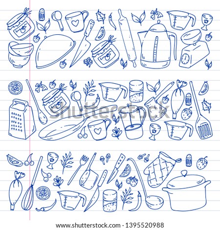 Cooking class. Kitchenware, utencils. Food and kitchen icons.