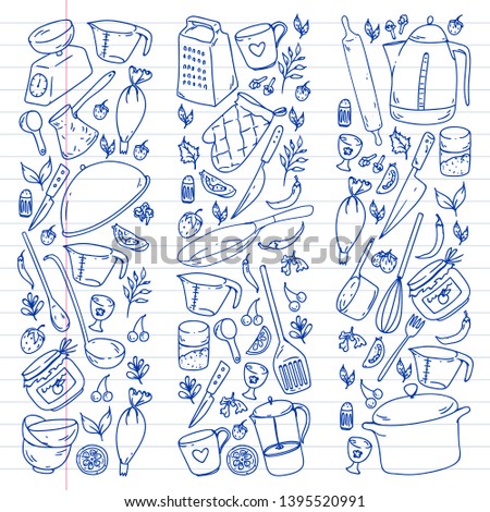 Cooking class. Kitchenware, utencils. Food and kitchen icons.