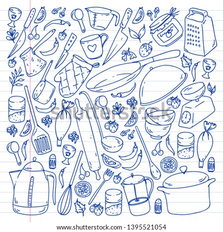 Cooking class. Kitchenware, utencils. Food and kitchen icons.