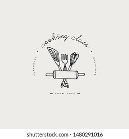 Cooking class linear design element, kitchen emblem, symbol, icon or food studio label. Cooking courses sign template or logo, identity, culinary school