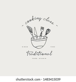 Cooking class linear design element, kitchen emblem, symbol, icon or food studio label. Cooking courses sign template or logo, identity, culinary school