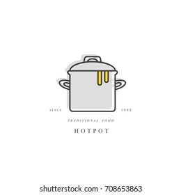 Cooking class linear design element, kitchen emblem, symbol, icon or food cooking label. Hotpot icon. Pan