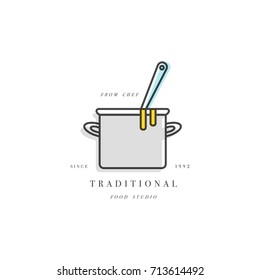 Cooking class linear design element, kitchen emblem, symbol, icon or food cooking label. Hotpot icon. Pan