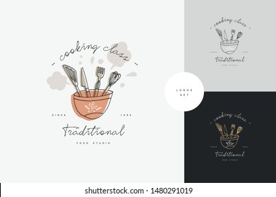 Cooking Class Linear Design Elements, Set Of Kitchen Emblems, Symbols, Icons Or Food Studio Labels And Badges Collection. Cooking Courses Signs Template Or Logo, Identity, Culinary School