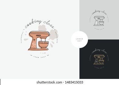 Cooking class linear design elements, set of kitchen emblems, symbols, icons or food studio labels and badges collection. Cooking courses signs template or logo, identity, culinary school