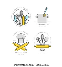 Cooking Class Linear Design Elements, Set Of Kitchen Emblems, Symbols, Icons Or Food Studio Labels And Badges Collection. Cooking Courses Signs Template Or Logo, Identity, Culinary School.