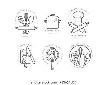 Cooking Class Linear Design Elements, Set Of Kitchen Emblems, Symbols, Icons Or Food Studio Labels And Badges Collection. Cooking Courses Signs Template Or Logo, Identity, Culinary School.