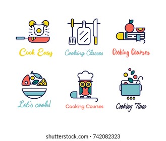 Cooking class linear design logos.
Cooking schools labels for prints, wall decoration, cars, posters, apps.