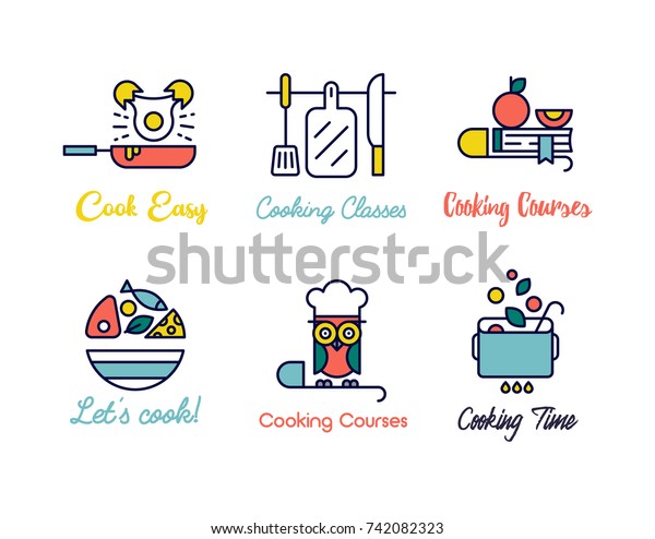 Cooking class linear\
design logos.\
Cooking schools labels for prints, wall decoration,\
cars, posters, apps.