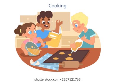 Cooking class. Little preschool or primary school children making food in the kitchen together. Kids mixing ingredients following recipe. Housekeeping classroom. Flat vector illustration
