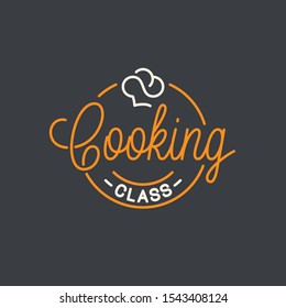 Cooking Class Logo. Round Linear Logo Of Chef Hat On Black Background