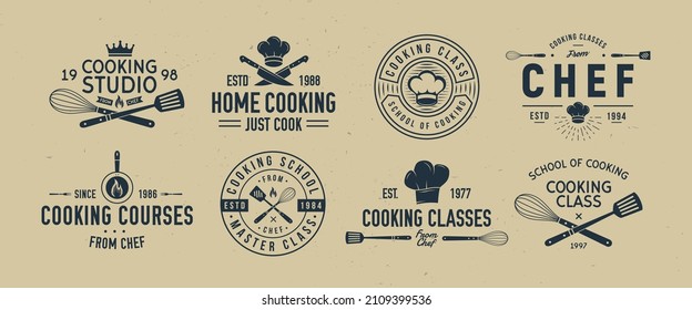 Cooking Class logo set. 8 Cooking Courses emblems templates. Logo, poster set for food studio, culinary school.