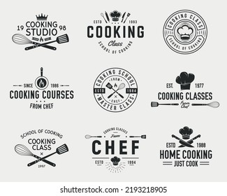 Cooking Class logo set. Set of 9 cooking templates for food studio, cooking courses, culinary school logo.  Trendy vintage hipster design. Vector illustration