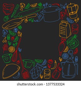 Cooking class. Menu. Kitchenware, utencils. Food and kitchen icons.