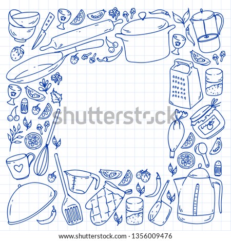 Cooking class, menu. Kitchenware, utencils Food and kitchen icons