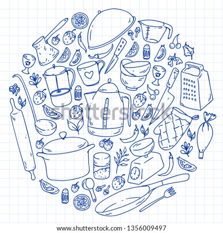 Cooking class, menu. Kitchenware, utencils Food and kitchen icons