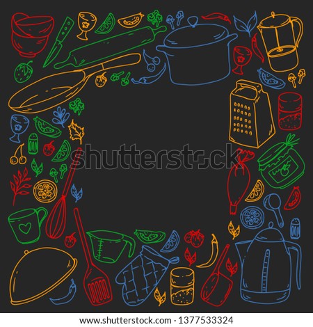 Cooking class. Menu. Kitchenware, utencils. Food and kitchen icons.