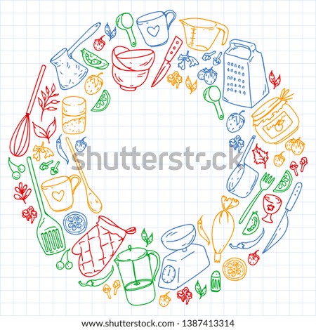 Cooking class. Menu. Kitchenware, utencils. Food and kitchen icons.