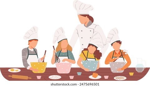 Cooking class mixed group preparing food. Adult chef supervising kids mixing ingredients bowls. Children wearing aprons chef hats learning cook