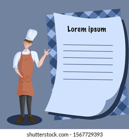 cooking class poster or restaurant menu template with handsome male chef character wearing glasses and brown apron or a cooking teacher.  Vector illustration. Lineless art. minimal clean design
