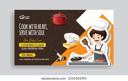 cooking class and Restaurant food horizontal web banner template, food blog thumbnail or cover with chef illustration