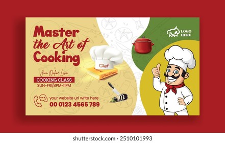 cooking class and Restaurant food horizontal web banner template, food blog thumbnail or cover with chef illustration