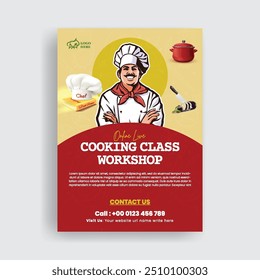 cooking class and Restaurant food print flyer or  chef training center poster editable template with chef character illustration