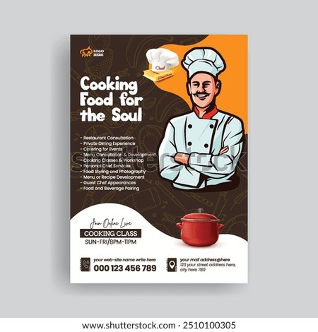 cooking class and Restaurant food print flyer or  chef training center poster editable template with chef character illustration