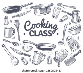 Cooking class. Sketch kitchen tool, kitchenware. Soup pan, knife and fork, spoon and grater chef utensils doodle vector gastronomy culinary dish text emblem concept