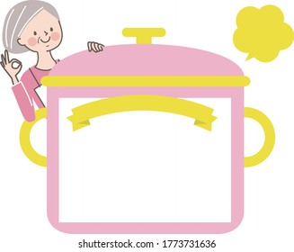Cooking class title frame and a woman in an apron