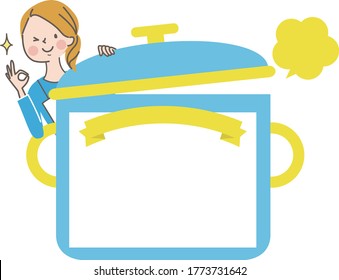 Cooking class title frame and a woman in an apron