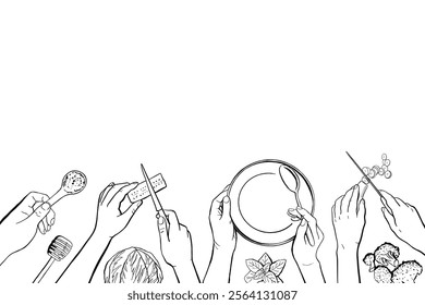 Cooking Class Vector Background with Human Hands Cook Food, Top View Template