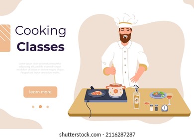 Cooking class vector banner. Culinary school, workshop or blog backdrop. People cooking at kitchen. Man at kitchen showing how to cook. Happy, cheerful people cooking.