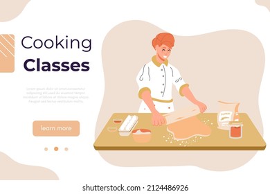 Cooking class vector banner. Culinary school, workshop or blog backdrop. People cooking at kitchen. Woman at kitchen rolling dough. Cheerful girl baking pie or cookies.