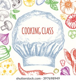 Cooking class - vector poster design. Illustration for card, advertising, blog. 100% vector hand drawn ink illustration design.Cooking master class announcement design template and logo.