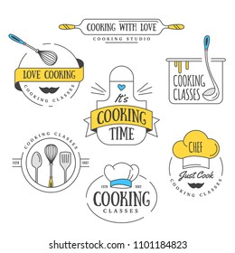 Cooking class Vintage design elements, Kitchen emblems, symbols, icons, food studio labels, badges collection. Business signs template, logo, identity, culinary school labels, badges and objects.