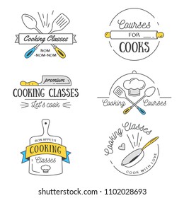 Cooking class Vintage design elements, Kitchen emblems, symbols, icons, food studio labels, badges collection. Business signs template, logo, identity, culinary school labels, badges and objects.