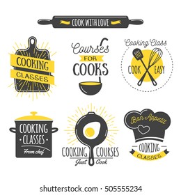 Cooking Class Vintage Design Elements, Kitchen Emblems, Symbols, Icons, Food Studio Labels, Badges Collection. Business Signs Template, Logo, Identity, Culinary School Labels, Badges And Objects.