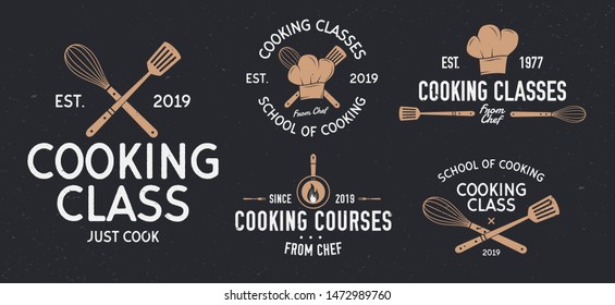 Cooking classes badges. Vintage cooking and Food labels, emblems, badges, logo. Culinary school, cooking courses, food studio, kitchen logo templates. Vector illustration