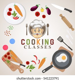Cooking classes banner illustration with chef logo design