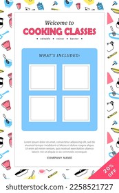 Diseño de plantillas de banner de clases de cocina. Folleto, folleto con espacio en blanco para su información sobre lo que se incluye en los cursos culinarios. Afiche con armazón de utensilios de cocina en tonos azul, rosa y amarillo